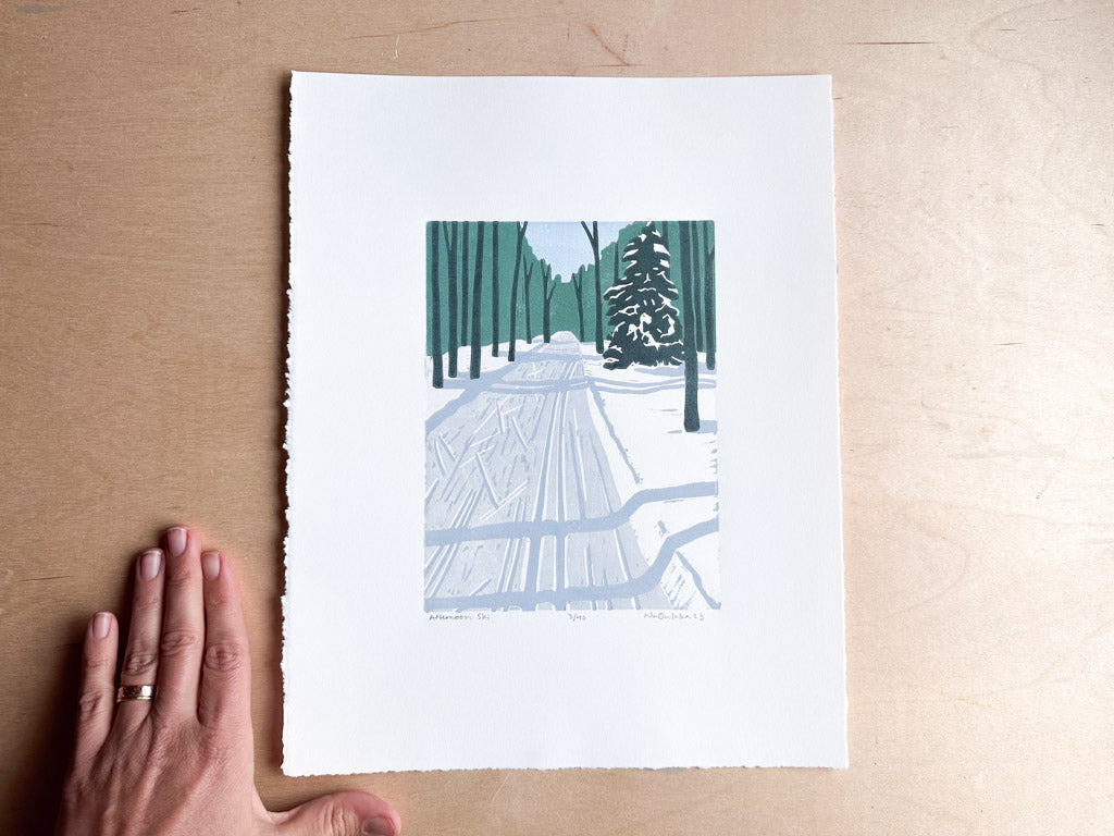 Afternoon Ski Woodcut Print