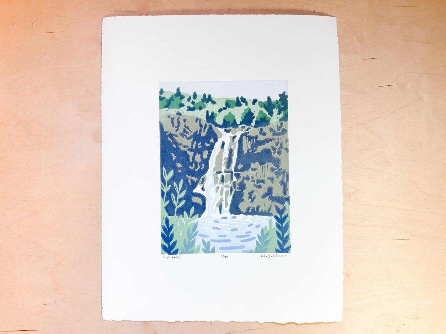 High Falls Woodcut Print