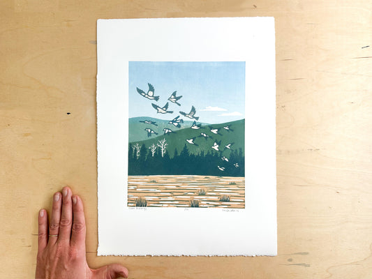 Snow Buntings Woodcut Print