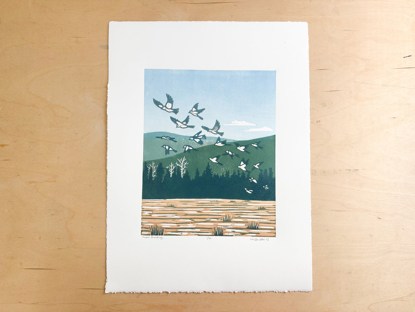 Snow Buntings Woodcut Print