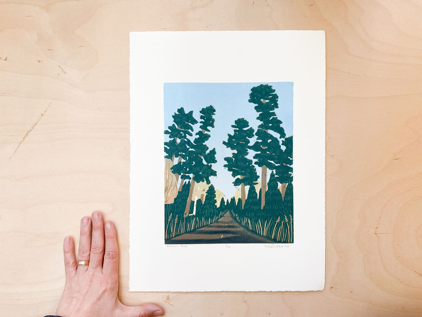 Autumn Pines Woodcut Print