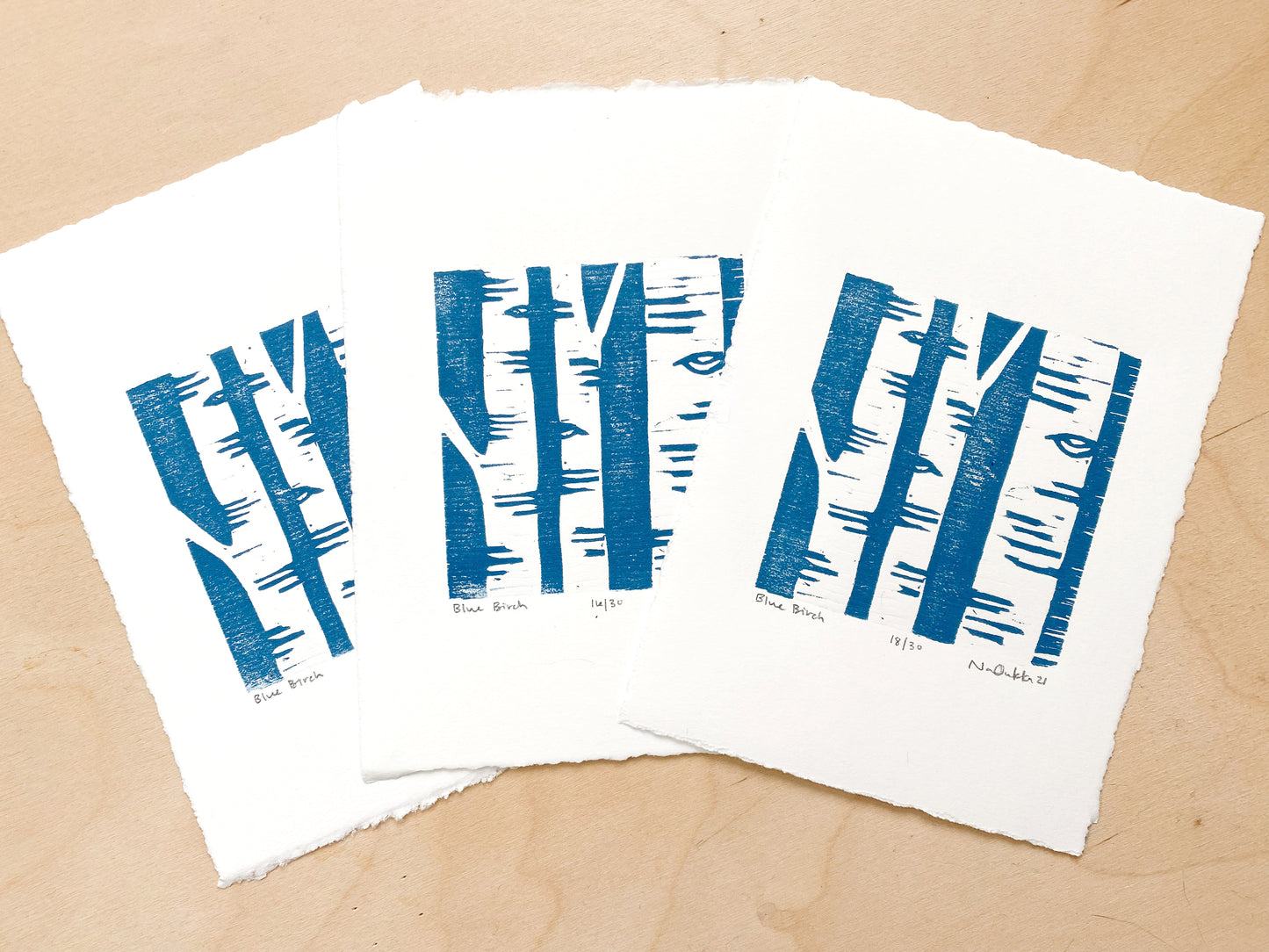 Blue Birch Woodcut Print