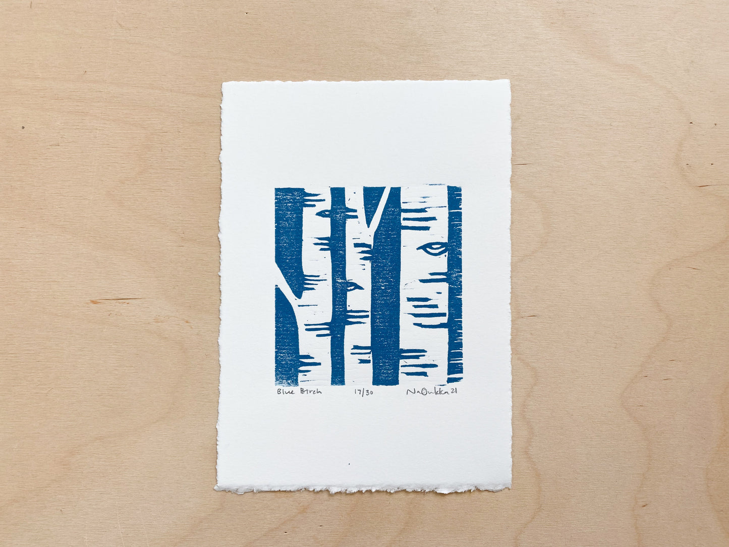Blue Birch Woodcut Print