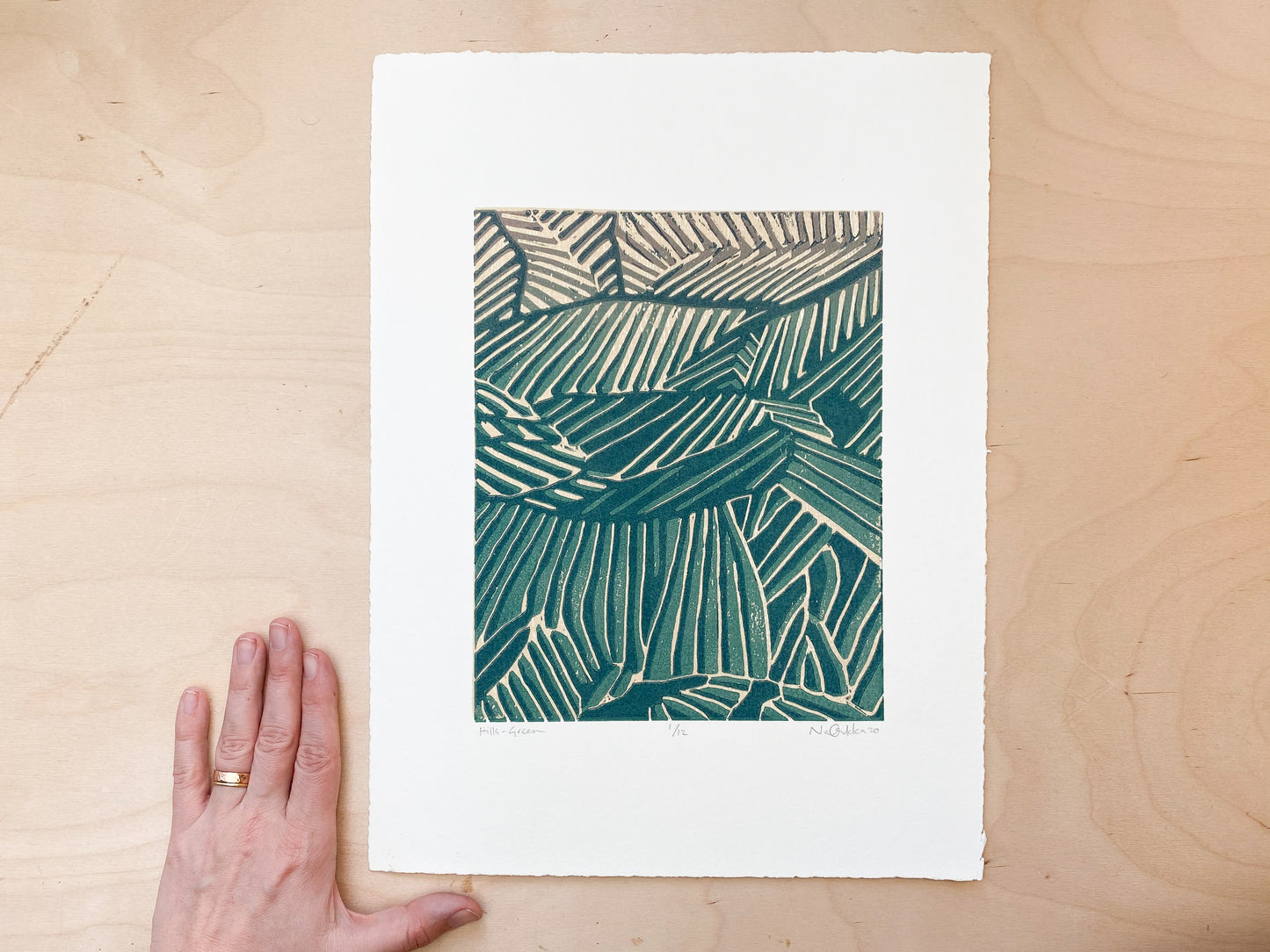 Hills (Green) Woodcut Print