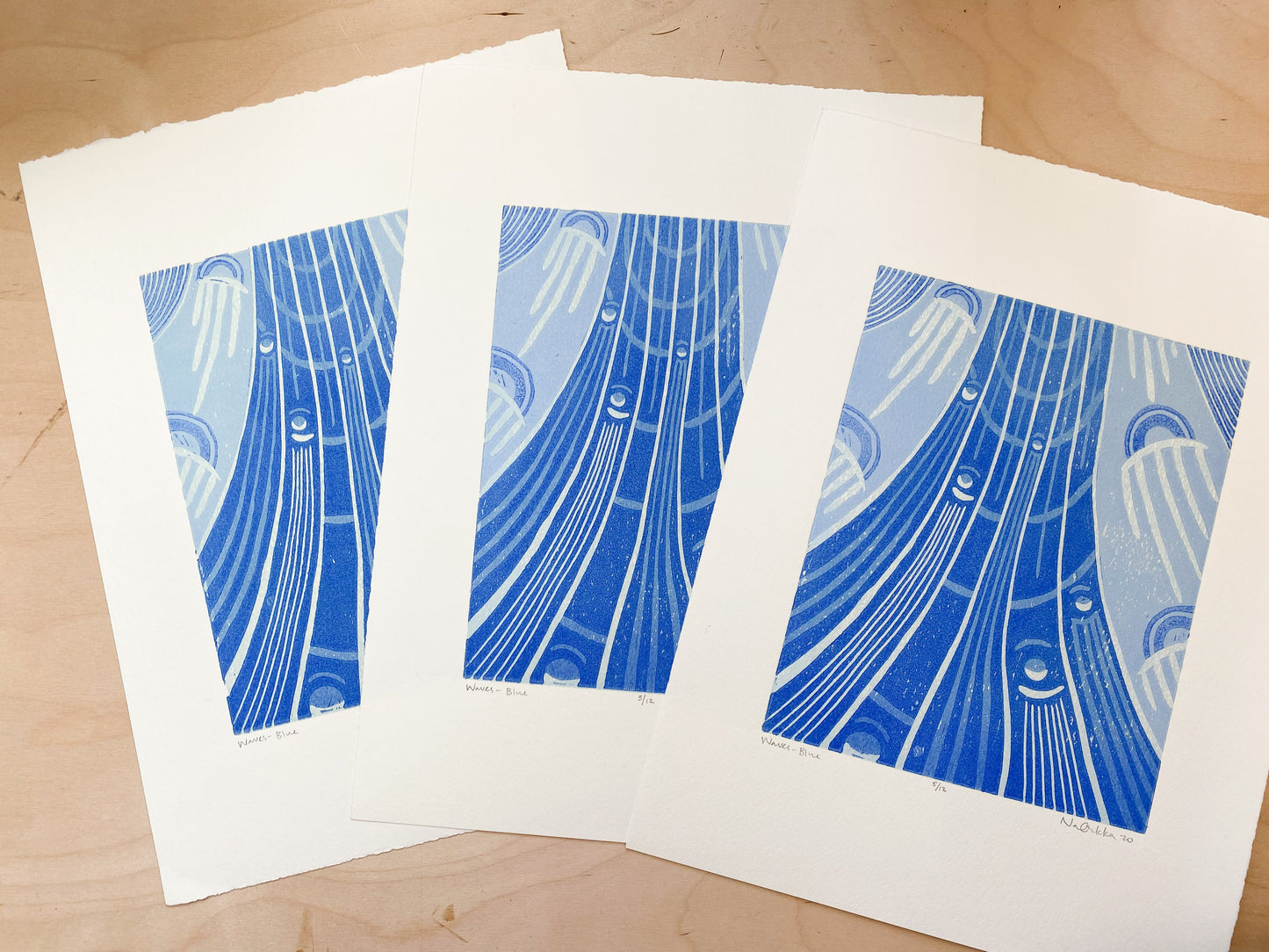 Waves (Blue) Woodcut Print