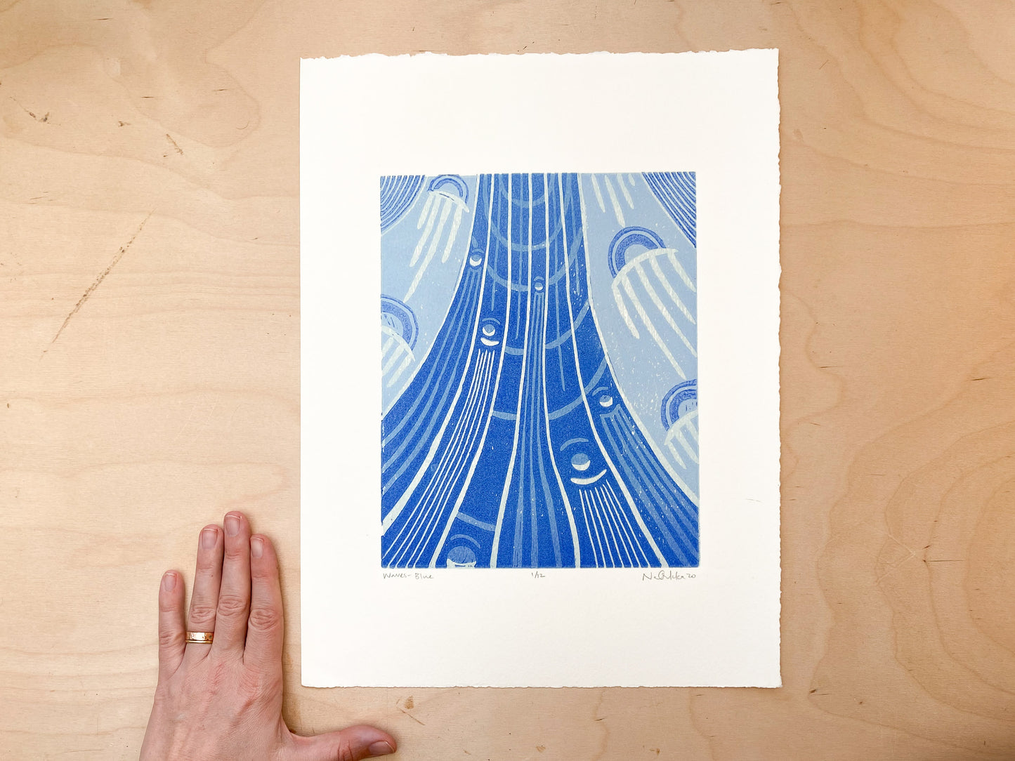 Waves (Blue) Woodcut Print