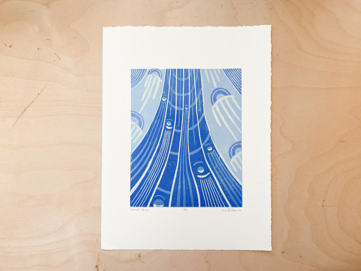 Waves (Blue) Woodcut Print