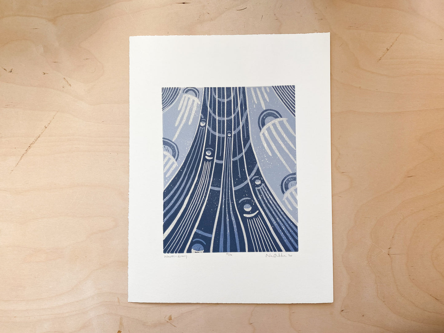 Waves (Gray) Woodcut Print