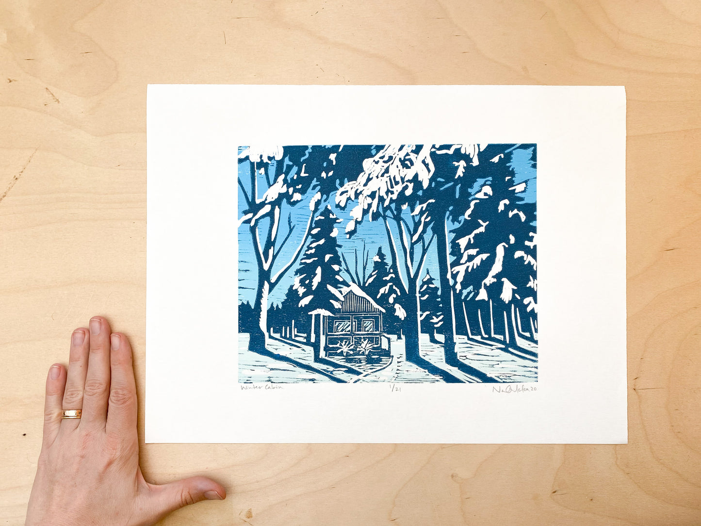 Winter Cabin Woodcut Print