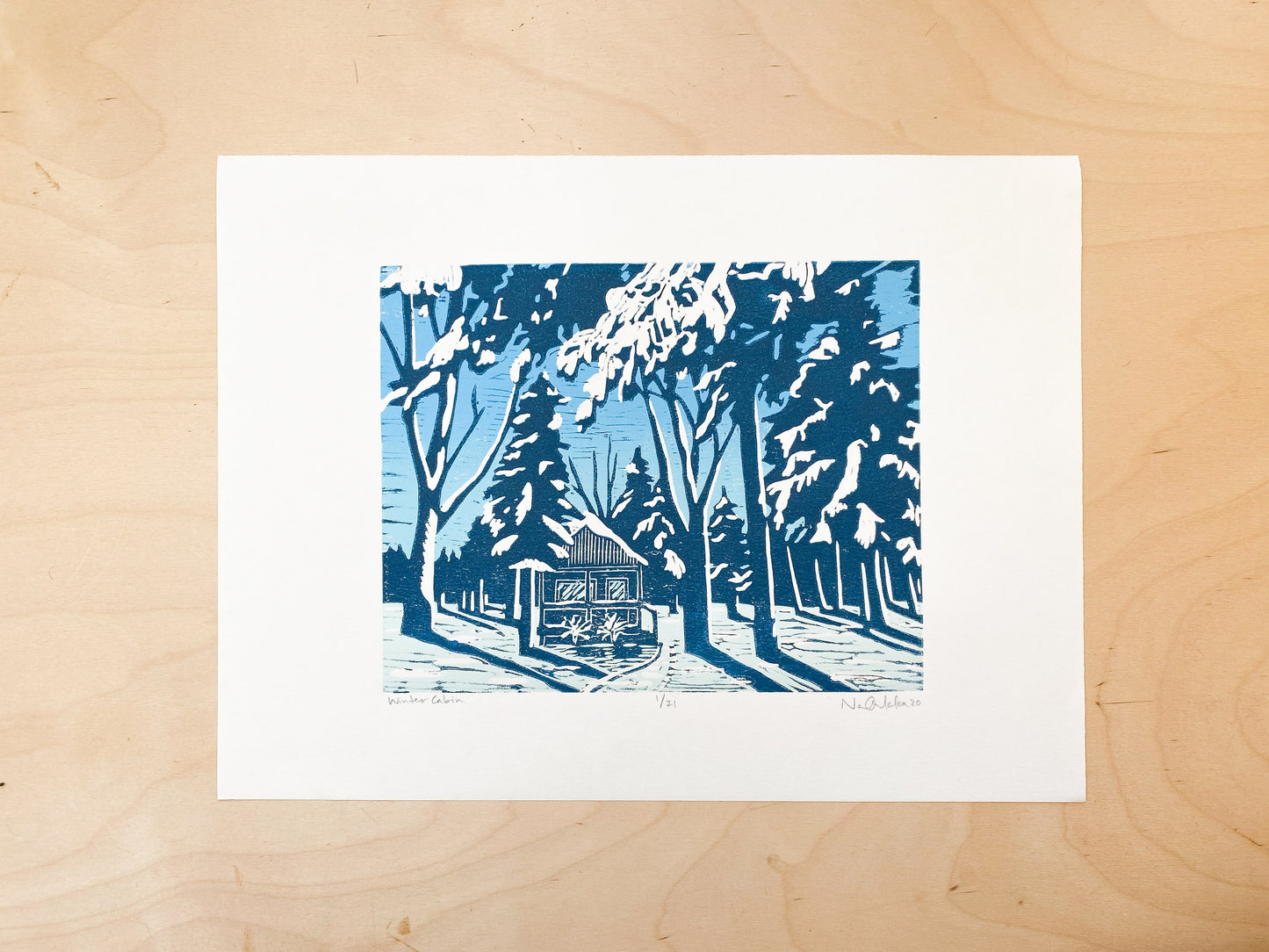 Winter Cabin Woodcut Print