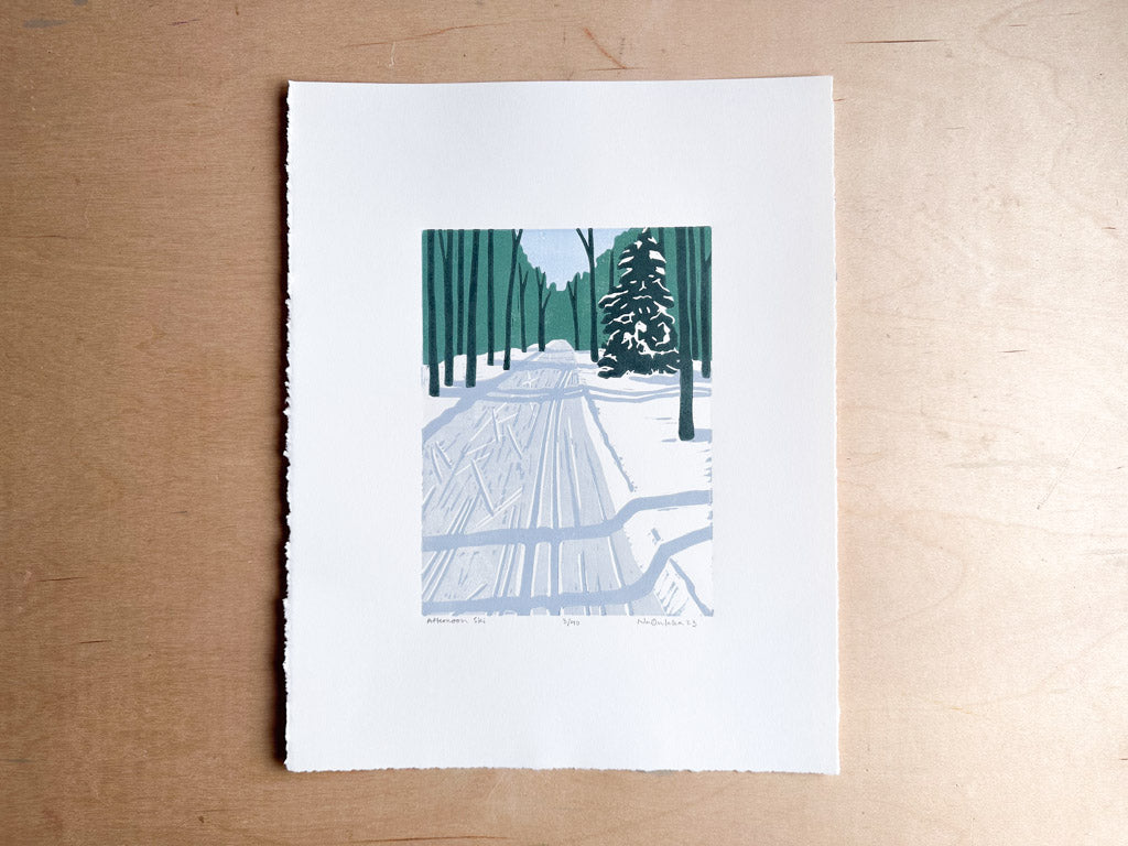 Afternoon Ski Woodcut Print