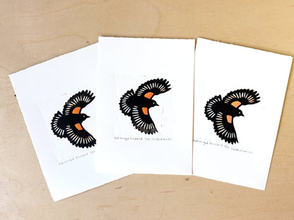 Red-Winged Blackbird Woodcut Print