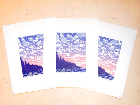 Contemplation East Woodcut Print