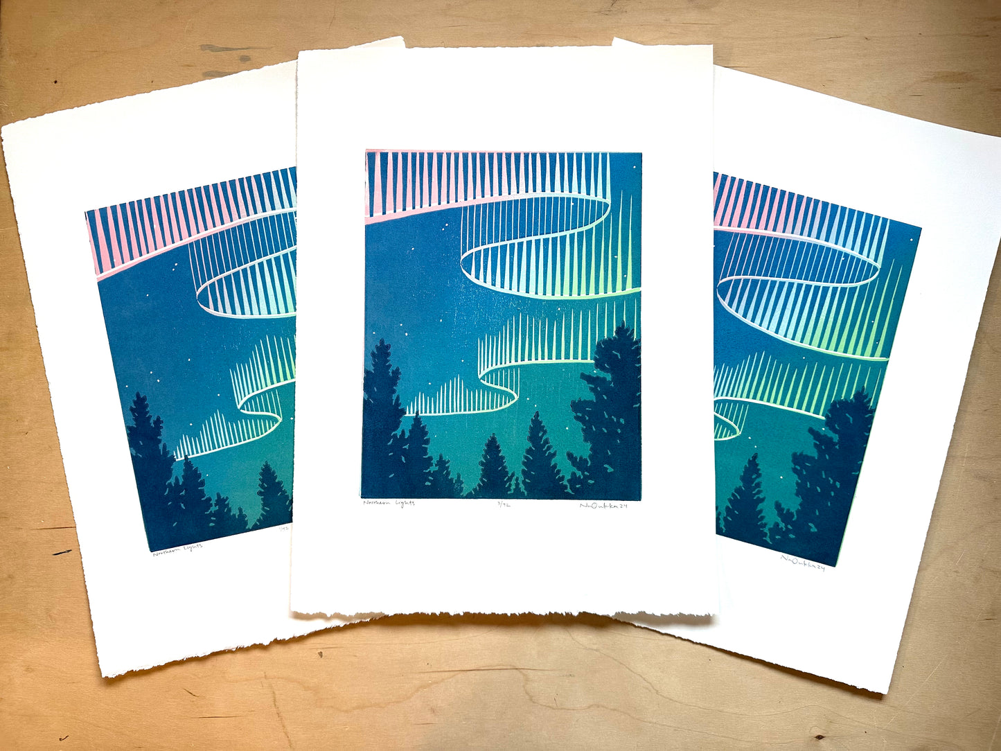 Northern Lights Woodcut Print