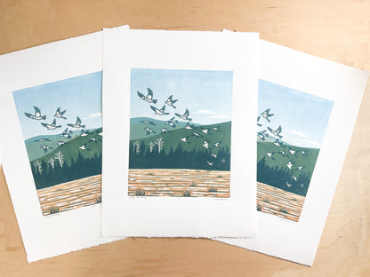 Snow Buntings Woodcut Print