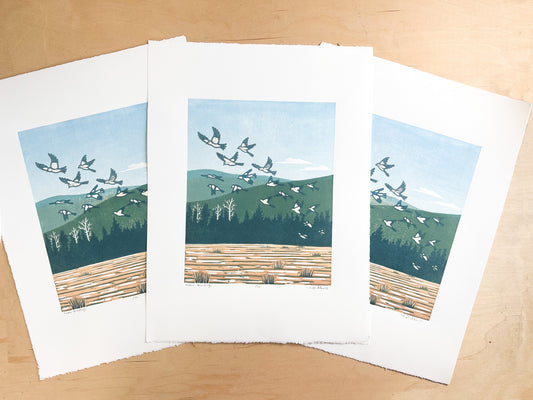 Snow Buntings Woodcut Print