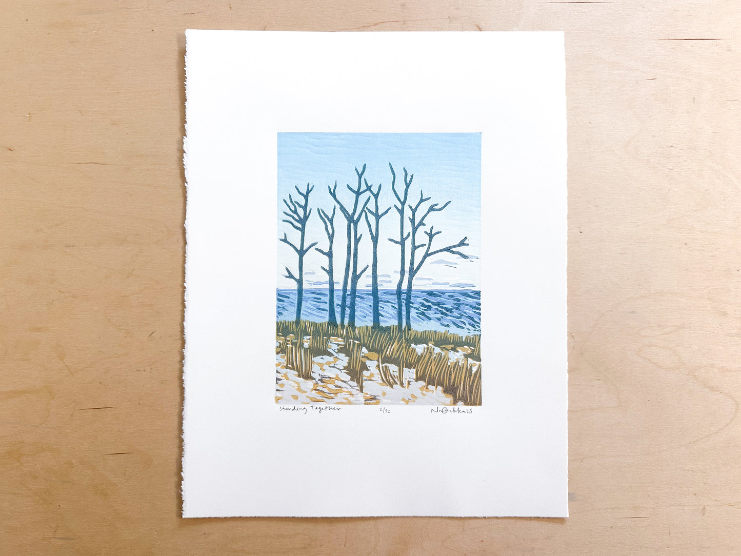 Standing Together Woodcut Print