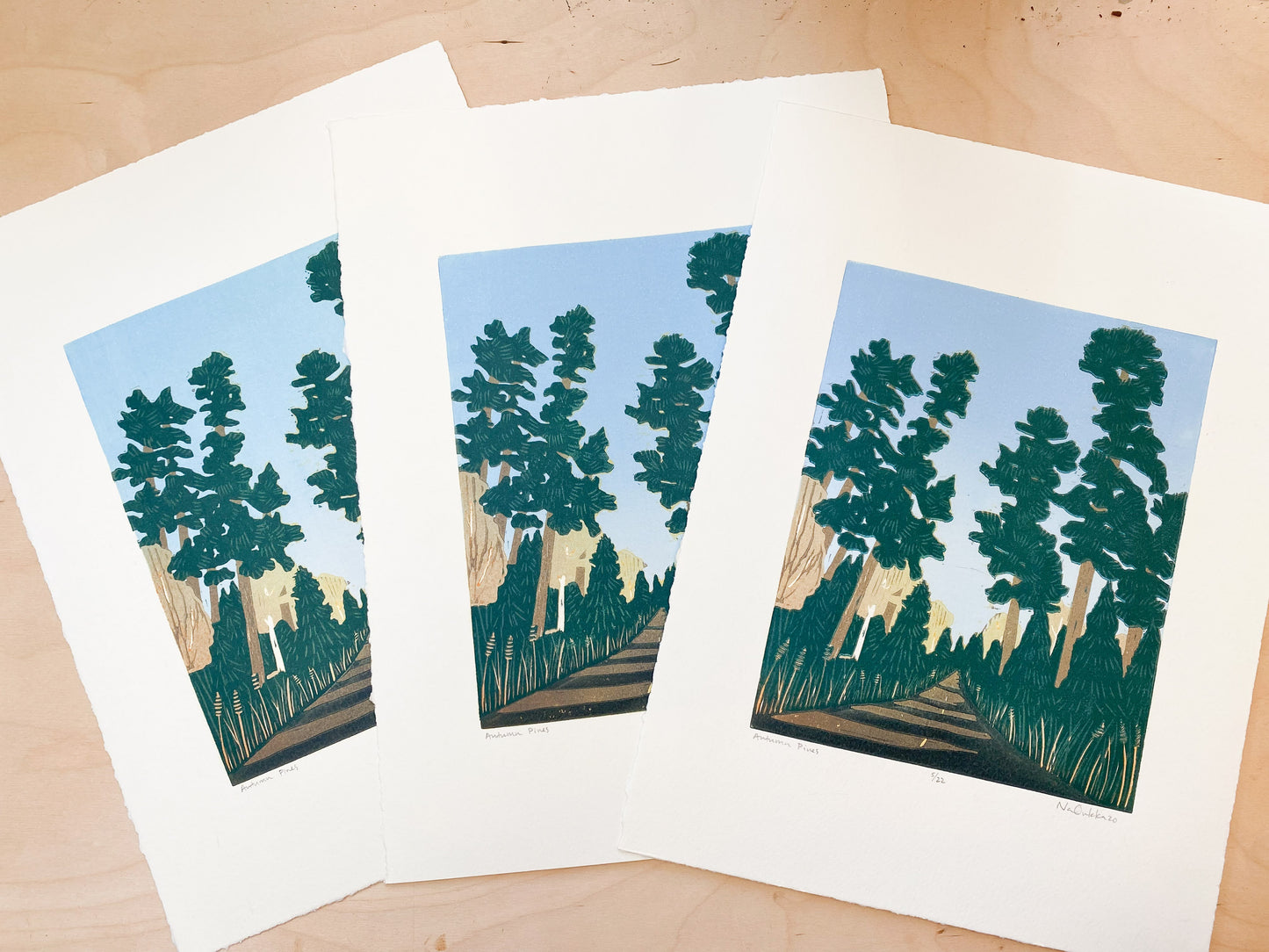 Autumn Pines Woodcut Print