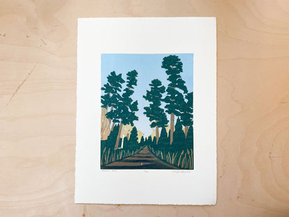 Autumn Pines Woodcut Print