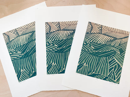 Hills (Green) Woodcut Print
