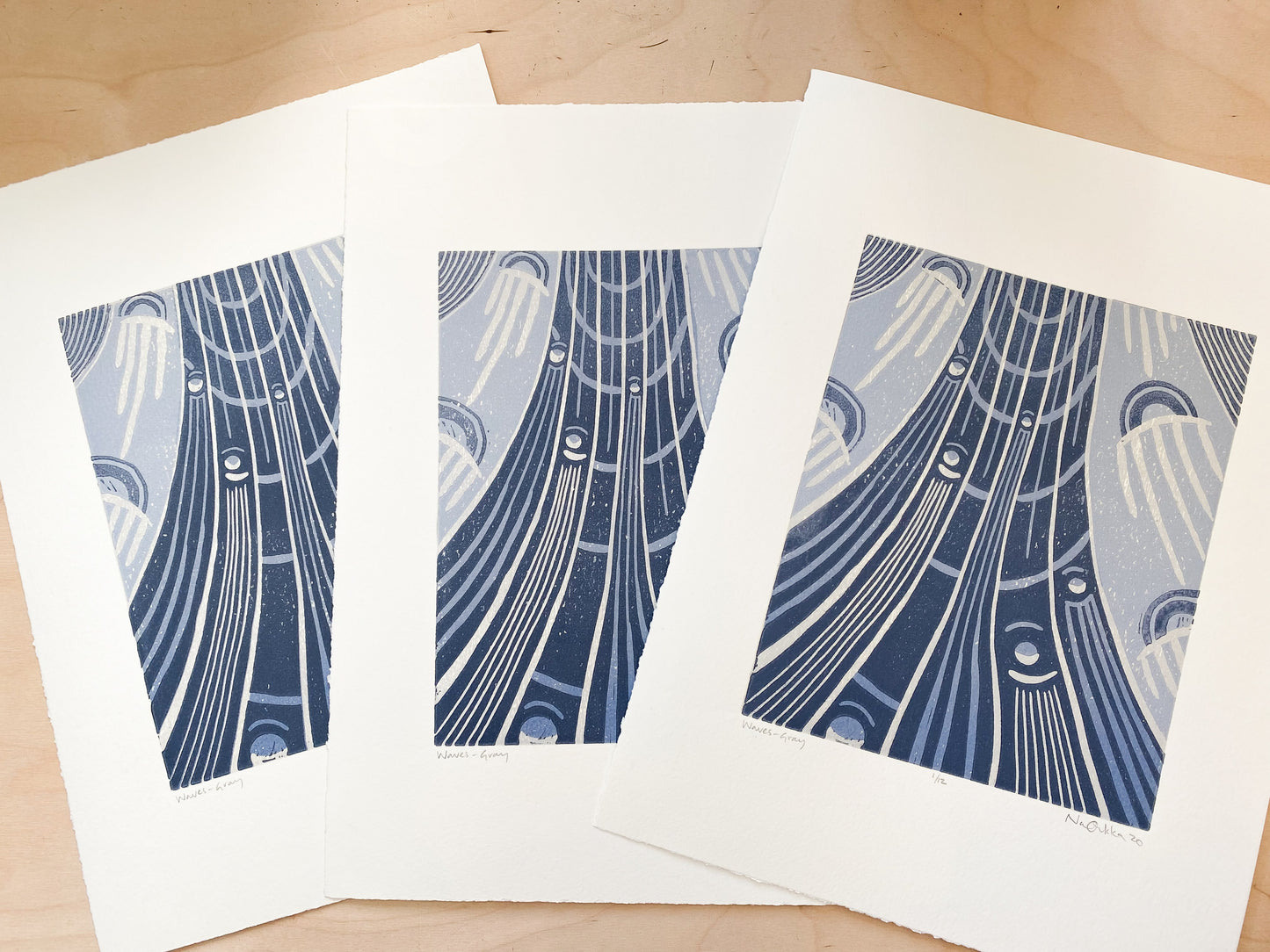 Waves (Gray) Woodcut Print