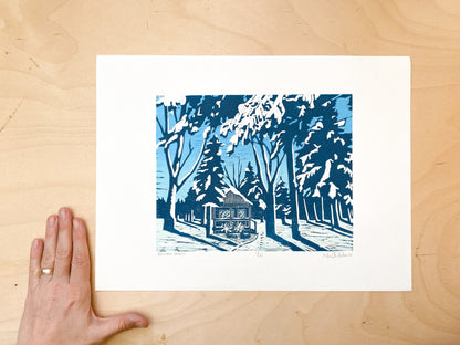 Winter Cabin Woodcut Print